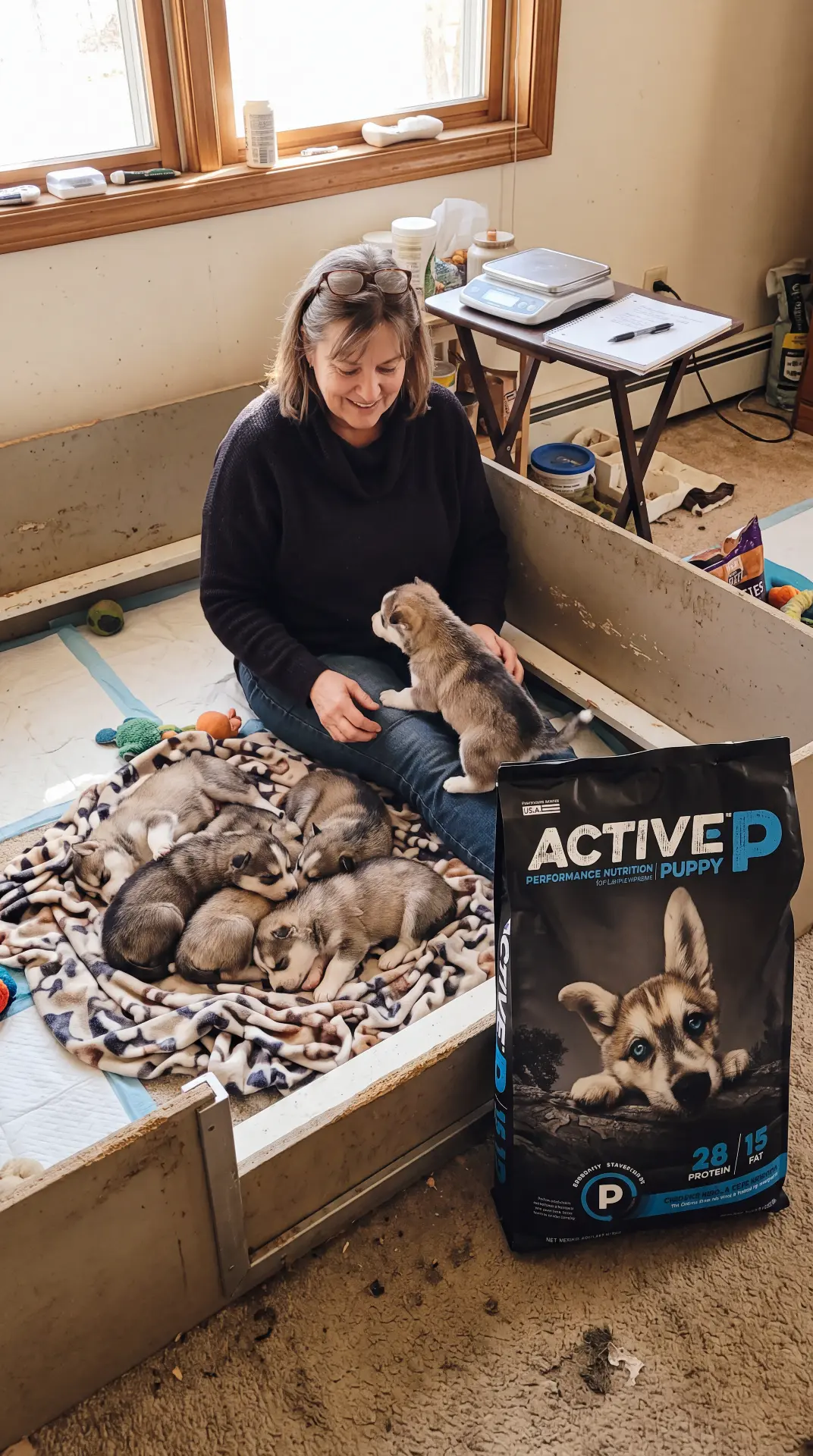 Breeder sitting in a whelping box with a litter of sleeping husky puppies